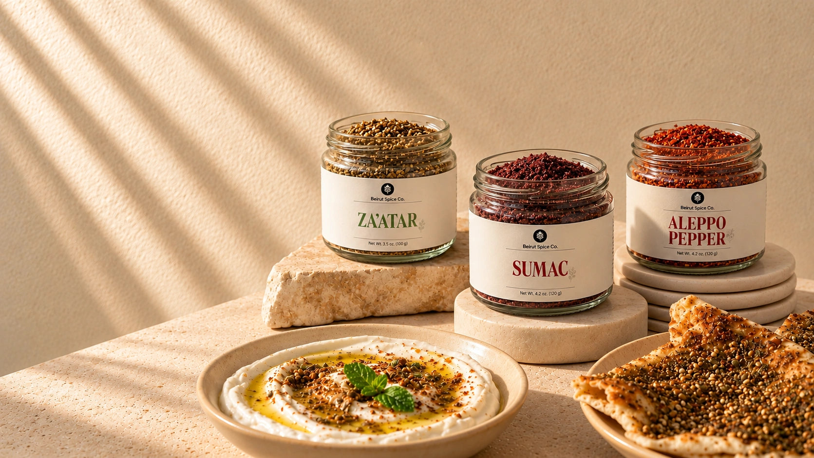 Beirut Spice Co Za'atar, Sumac, and Aleppo Pepper beside Lebanese food