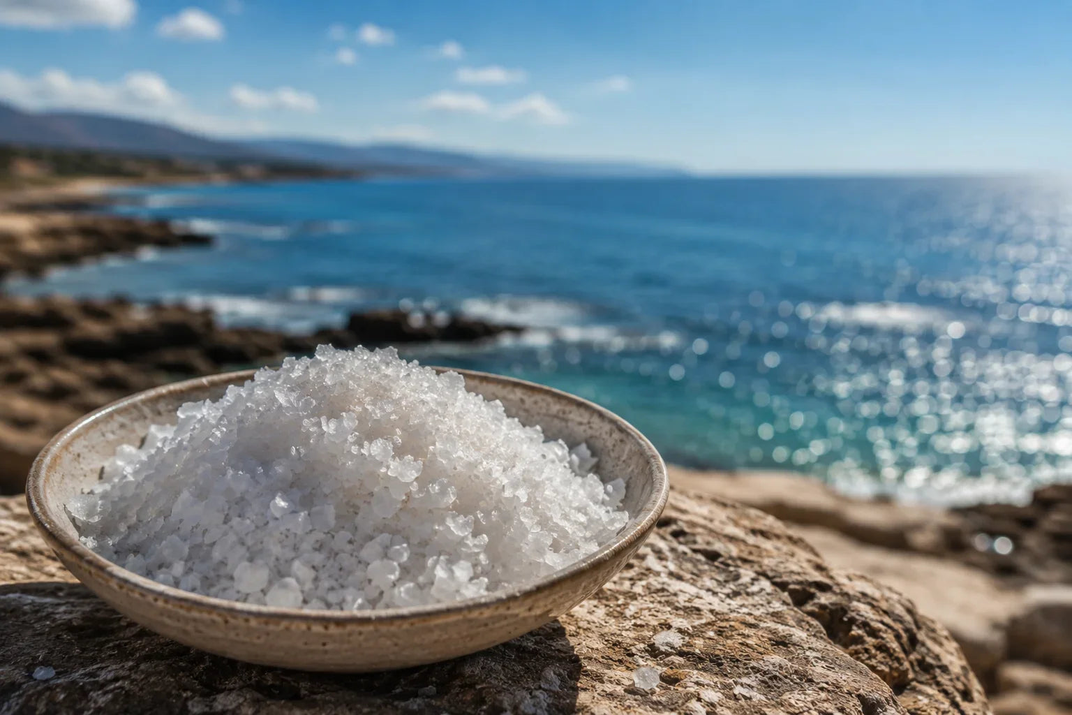 Bowl of Mediterranean sea salt on the rocky Anfeh coast in Lebanon