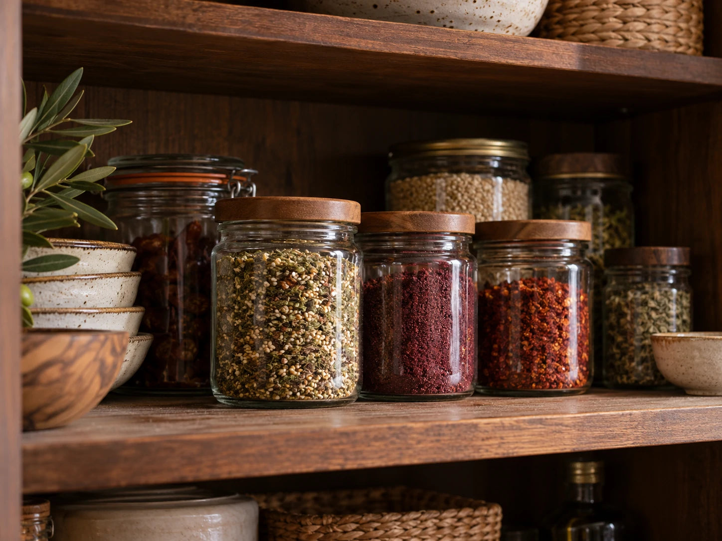 Closed glass jars of Lebanese spices arranged on a wooden pantry shelf