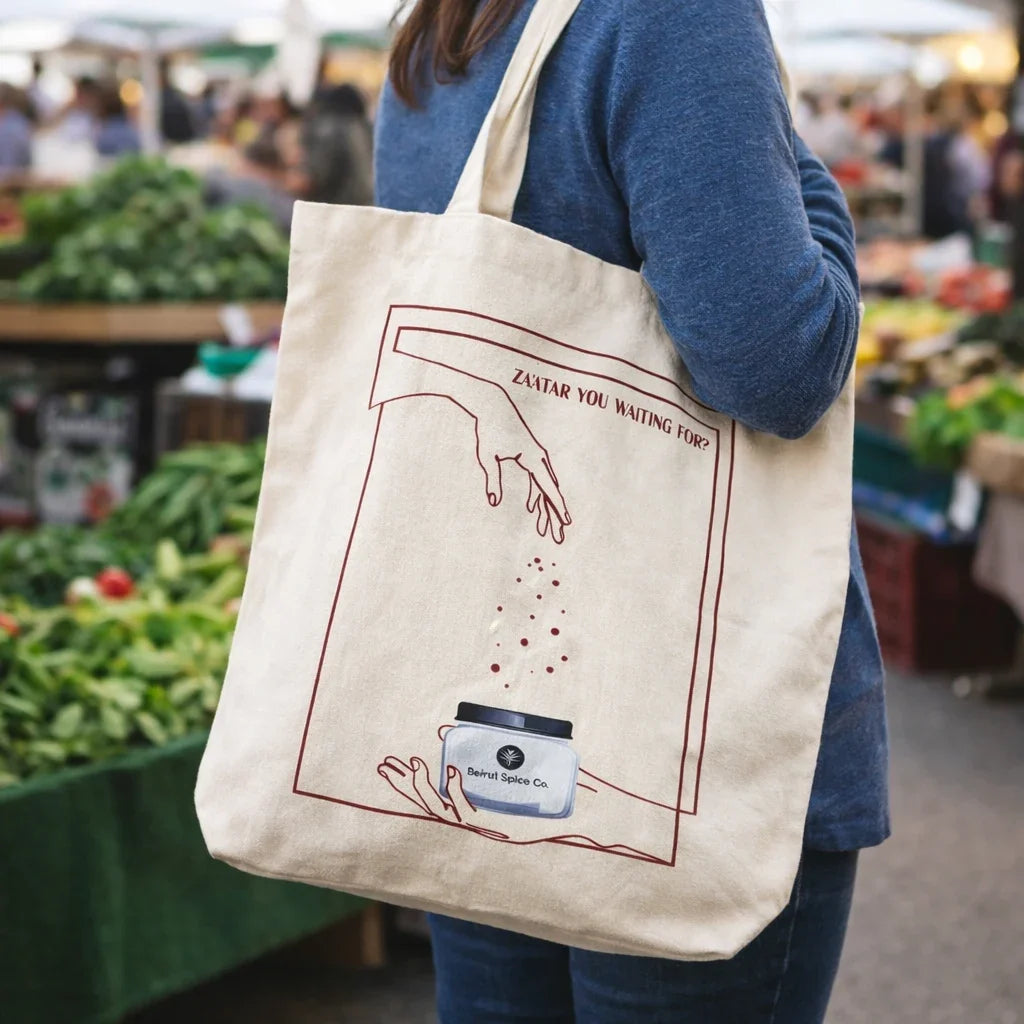 Beirut Spice Co cotton tote bag with original za'atar artwork at a market