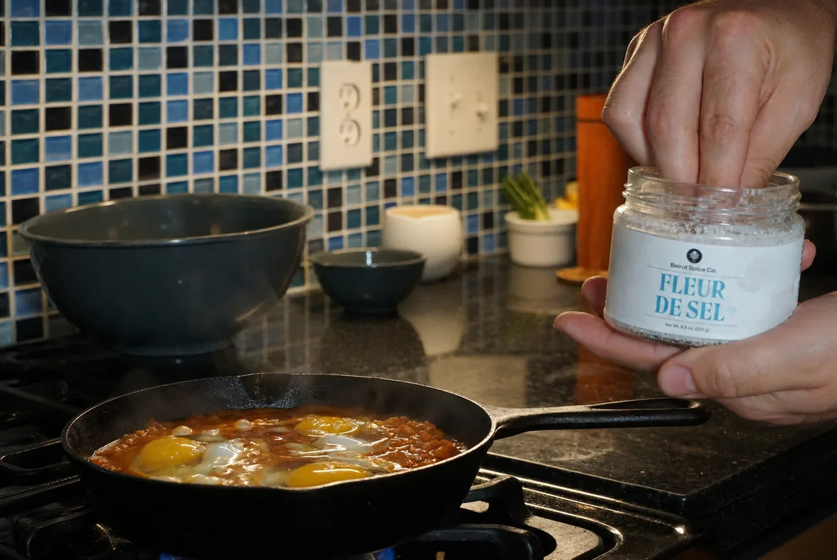 Fleur de sel sprinkled on traditional shakshuka with eggs